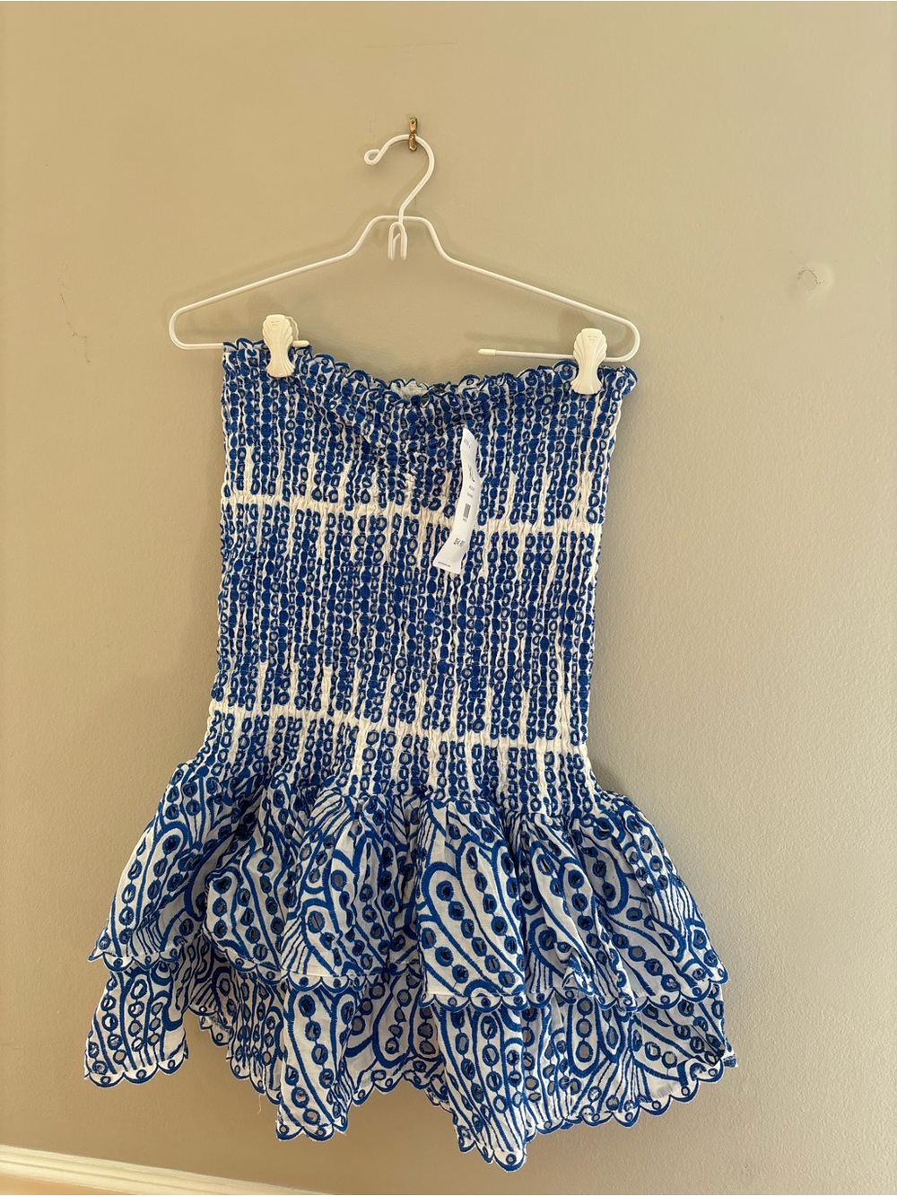 AKIRA Blue and White Strapless Smocked Ruffle Mini Dress